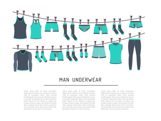 Set of men underwear is painted in flat style. Banner design depicting various types of underwear socks, underwear, t-shirts, underwear. Flat clothing icons isolated on white background.