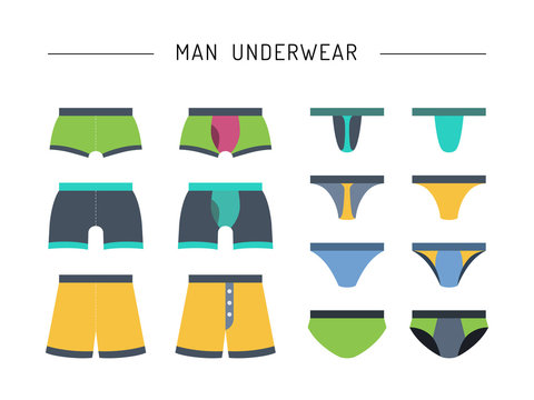 set of men underwear, cowards, drawn in a flat style, color. Vector illustration isolated, table of the different models of men underwear. The pants shown with the front and back sides each model