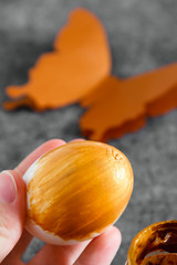 Workspace with easter decoration. Woman paints Easter eggs, slide view. Selective focus