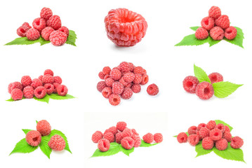 Collage of ripe raspberries over a white background