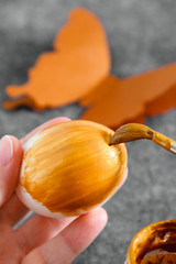 Workspace with easter decoration. Woman paints Easter eggs, slide view. Selective focus