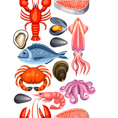 Seamless pattern with various seafood. Illustration of fish, shellfish and crustaceans