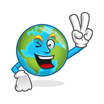 Peace earth mascot, victory earth character, earth cartoon vector 
