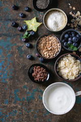 Ingredients for making smoothie for healthy breakfast. Bowls of yogurt, blueberries, granola, almond chia seeds, coconut, milk, chocolate, mint, carambola over dark wooden background. Top view, space