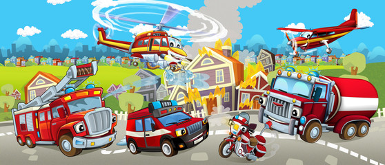 Cartoon stage with different machines for firefighting - colorful and cheerful scene