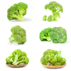 Collage of fresh raw broccoli isolated on a white background with clipping path