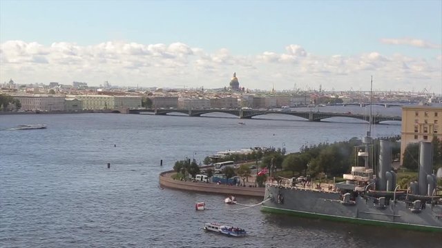 View of the Neva river and cruiser Aurora. Russian Cruiser Aurora stays on Neva in Saint Petersburg .Monument Cruiser Aurora. Russian historical Monument of St.Petersburg