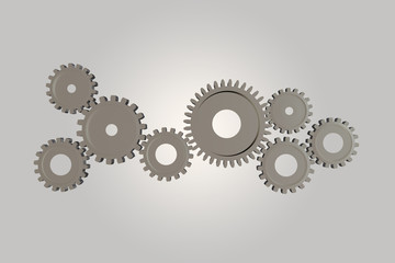 3D rendering of gear wheels, teamwork concept on white