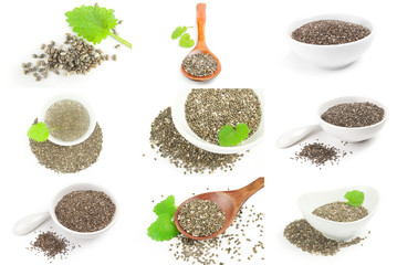 Set of organic dry chia seeds isolated on white