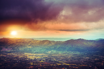 High angle view. Cloud mountain sky. Sunrise, sunset