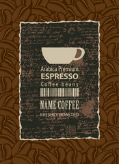 design vector label for coffee beans with cup and barcode in retro style on the background of manuscript