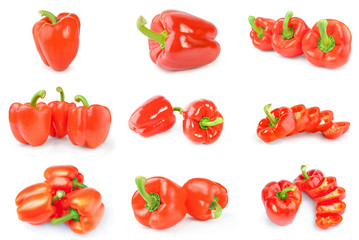 Collage of bulgarian peppers on a white background