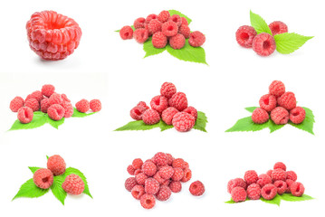 Collection of raspberry with leaf isolated over a white background