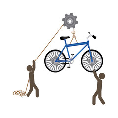 people with pulleys hanging the bicycle, vector illustration design