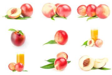 Collage of beautiful ripe peaches isolated on a white background with clipping path