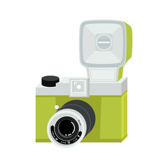 Green and silver analog film camera with big flash. Flat vector illustration. Isometric perspective.