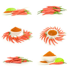 Collage of hot spices isolated on a white background cutout