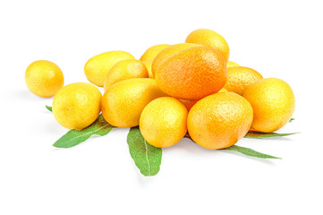 Bunch of kumquat (cumquat) with leaves on a white background