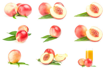 Set of ripe peaches close-up on white