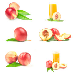 Group of fresh peaches fruits close-up isolated on white background