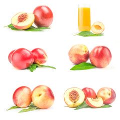 Group of fresh peaches fruits over a white background