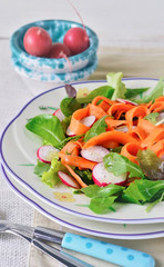 Vegetable salad. Salad with baby greens, carrots, radishes. Concept of healthy food. Selective focus