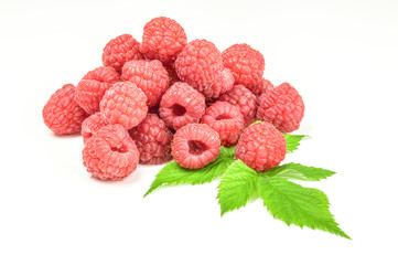 Raspberries with leaves isolated on white background cutout