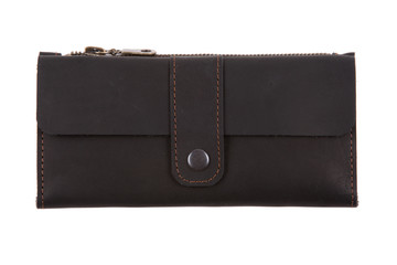 Black purse with money on white background