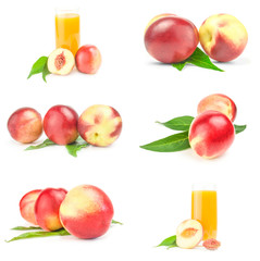 Collage of ripe peaches close-up isolated on white background
