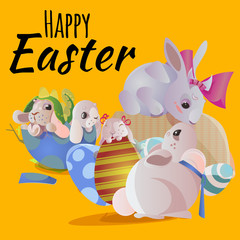 Set of easter chocolate egg hunt bunny basket on green grass decorated flowers, rabbit funny ears, happy spring season holiday tradition greeting card banner collection vector illustration background