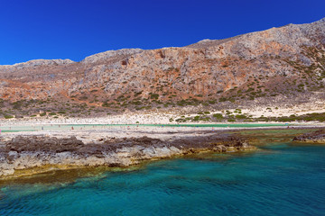 Fototapeta na wymiar View from hight of Balos beach. Grecce, Crete, Europe. Blue lagoon. Beautiful seascape.
