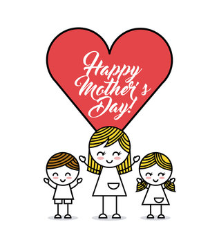 happy Mothers day card with girls and heart  icon over white background. colorful design. vector illustration