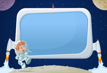 Futuristic rocket screen board with astronaut cartoon boy in the space.   © denis_pc