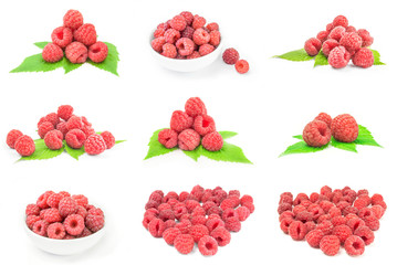 Set of ripe raspberries over a white background