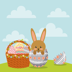 cute bunny and basket with easter eggs over sky background. happy easter. colorful design. vector illustration