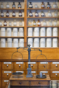 Germany, Radolfzell, old scale in the salesroom of historical pharmacy at municipal museum