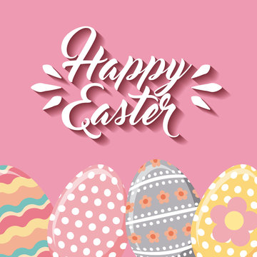 happy easter with eggs icons over pink background. colorful design. vector illustration