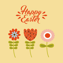 Fototapeta na wymiar happy easter card with beautiful flowers over yellow background. colorful design. vector illustration