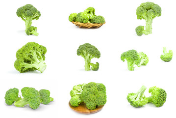 Collage of fresh green broccoli isolated on a white background with clipping path