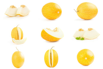 Collage of fresh sweet melon close-up on white