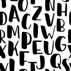 Modern handwritten brush lettering seamless background with letters.  Hand drawn vector abc. Calligraphic bold font. Alphabet. Design for fabric, textile, wrapping. 