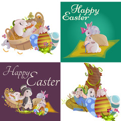 Set of easter chocolate egg hunt bunny basket on green grass decorated flowers, rabbit funny ears, happy spring season holiday tradition greeting card banner collection vector illustration background