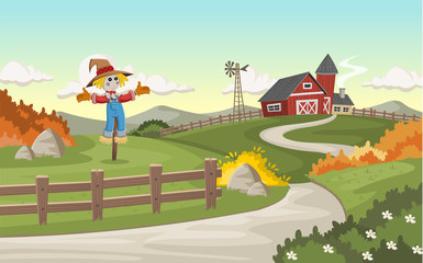Cartoon farm with big barn and scarecrow 