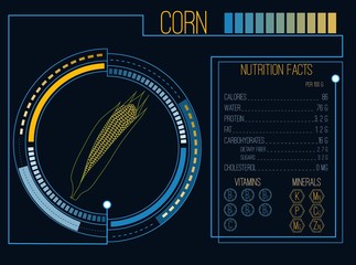 Corn. Nutrition facts. Vitamins and minerals. Futuristic  Interface. HUD infographic elements. Flat design, no gradient. Vector illustration