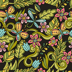 Summer seamless pattern. Leaves, butterflies, dragonflies