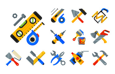 Home repair tools icons working construction equipment set and service worker macter box flat style isolated on white background vector illustration.