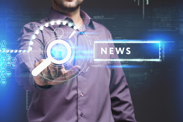 Business, Technology, Internet and network concept. Young businessman working on a virtual screen of the future and sees the inscription: News