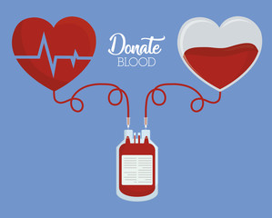 blood bag and heart icon over blue background. colorful design. donate blood concept. vector illustration