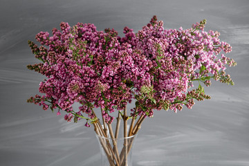 Spring frame with flower of lilac. Beautiful flowers on a gray wooden surface. Vintage toning. With copy-space