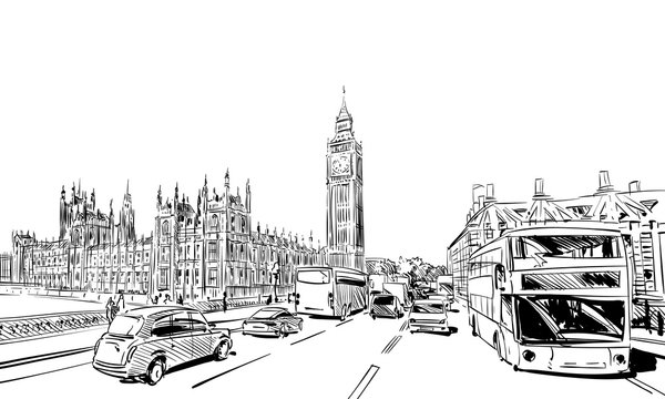 London cityscape hand drawn. Big Ben. England. vector illustration.
